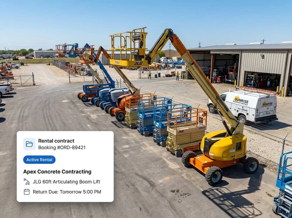 Equipment rental booking contract for a JLG boom lift with customer, booking number, and return time